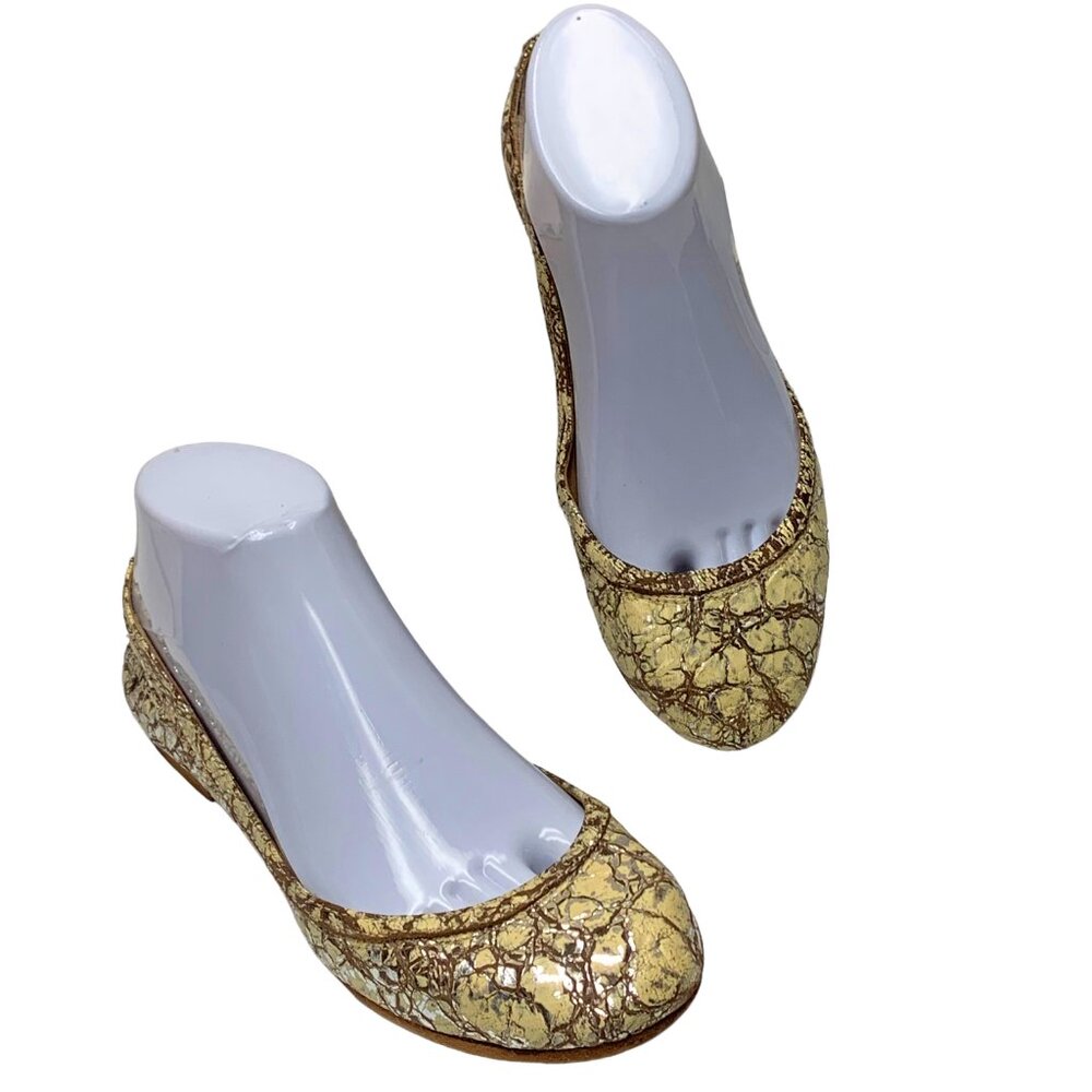 FRYE Carson Ballet Cream‎ Metallic Crackle Leather Ballet Flats